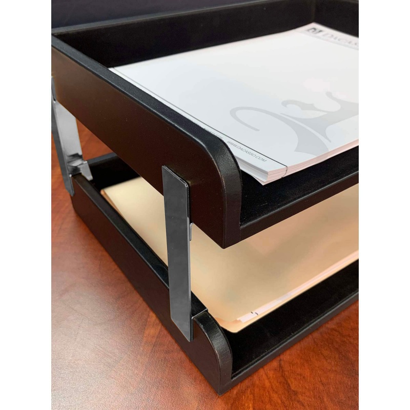 Classic Black Leather Double Side-Load Letter Trays With Silver Posts
