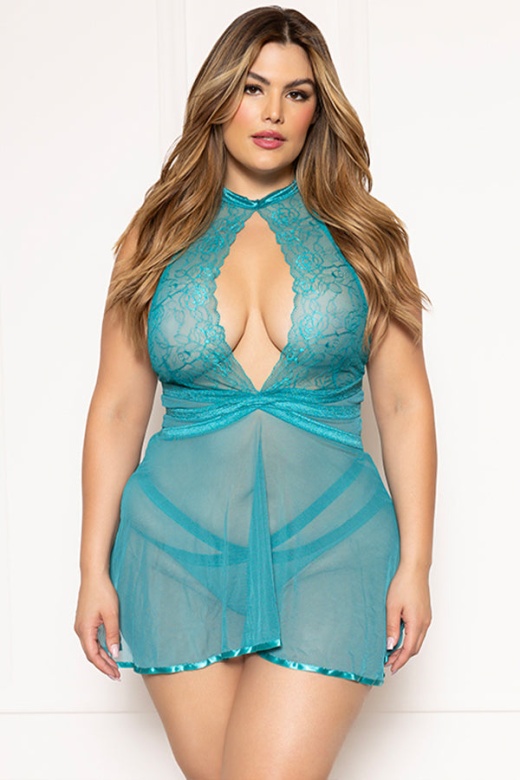 Lace and Mesh Babydoll with Thong - Donna Di Capri