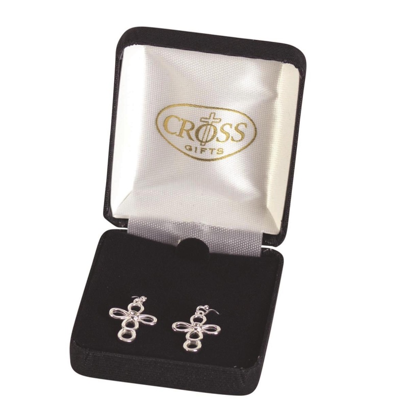 Earrings Silver Plate Open Petal Cross