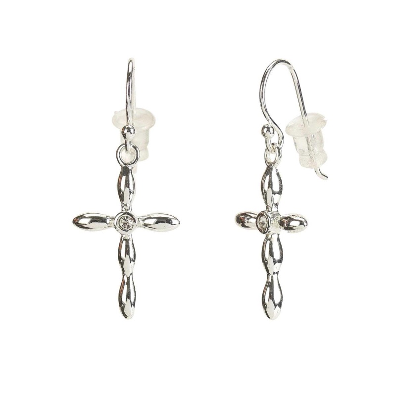 Earrings Silver Pl Petal Cross W/Crystal