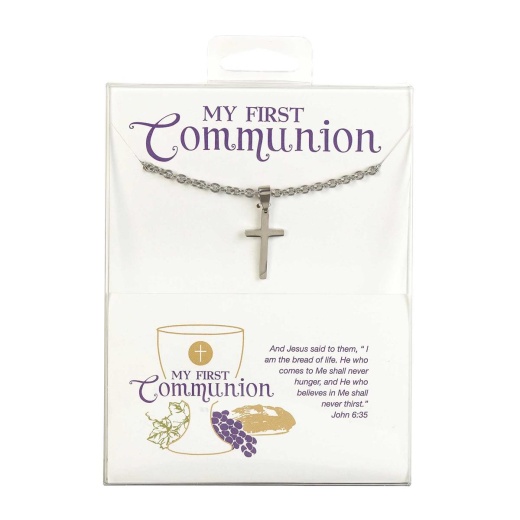 First Communion Necklace for Him - Stainless Steel Box Cross Pendant