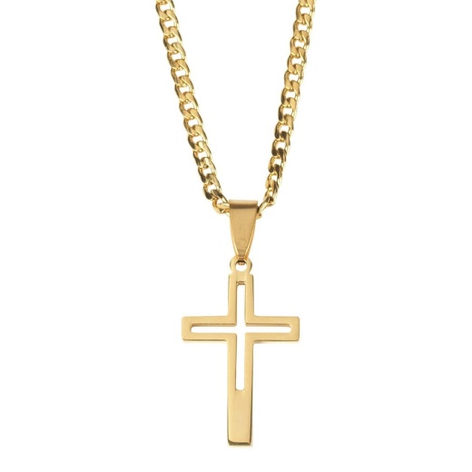 Nk-Cr Co Crs Gld Plt Stnls Stl 24"Ch - Men's Cross Cutout Cross Necklace in Gold Plate Stainless Steel