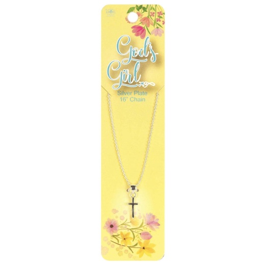 God's Girl Mini Box Cross Necklace - Silver Plate 16" Chain