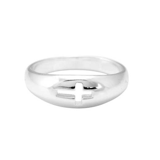 Rng-Sp Dome/Cutout Crs Sz5 - Silver Plated Dome Ring with Cutout Sideways Cross - Size 5