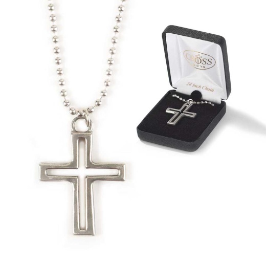 Nk Cutout Box Cross Pwtr 24" Bead Chn