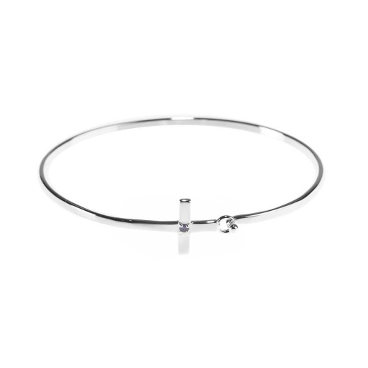 Brc-Sp Feb Sideways Cz Crs: Silver Plated Thin Bangle Sideways Cross February Birthstone