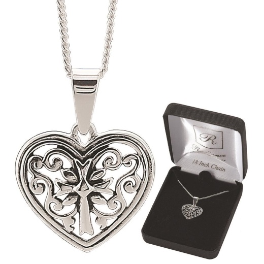 Nk-Ss Filigre Hrt/Crs 18" Dbox - Sterling Silver Pendant Necklace with Filigree Design