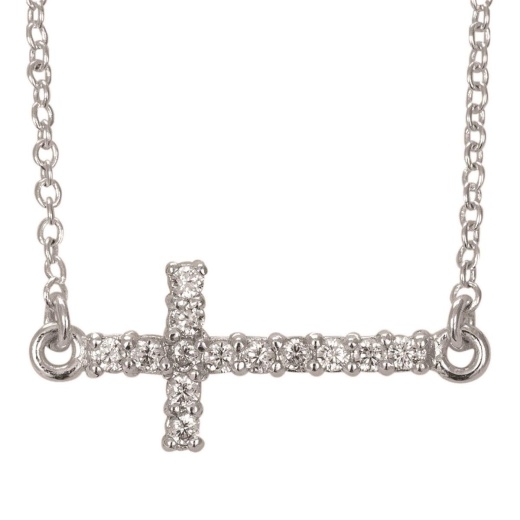 Sideways Cz Cross Silver Plate 18" Chain Necklace