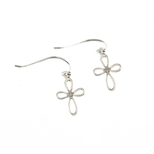 Ear-Sp Petal Crs/Cz Ss Wires - Silver Plated Petal Cross Earrings