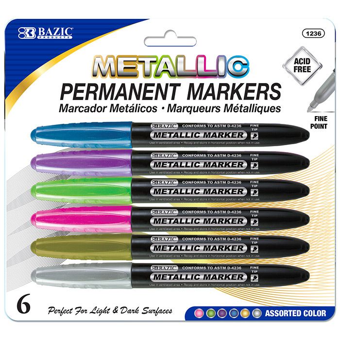 Permanent Markers - 6 Count, Assorted Metallic Colors, Fine Tip