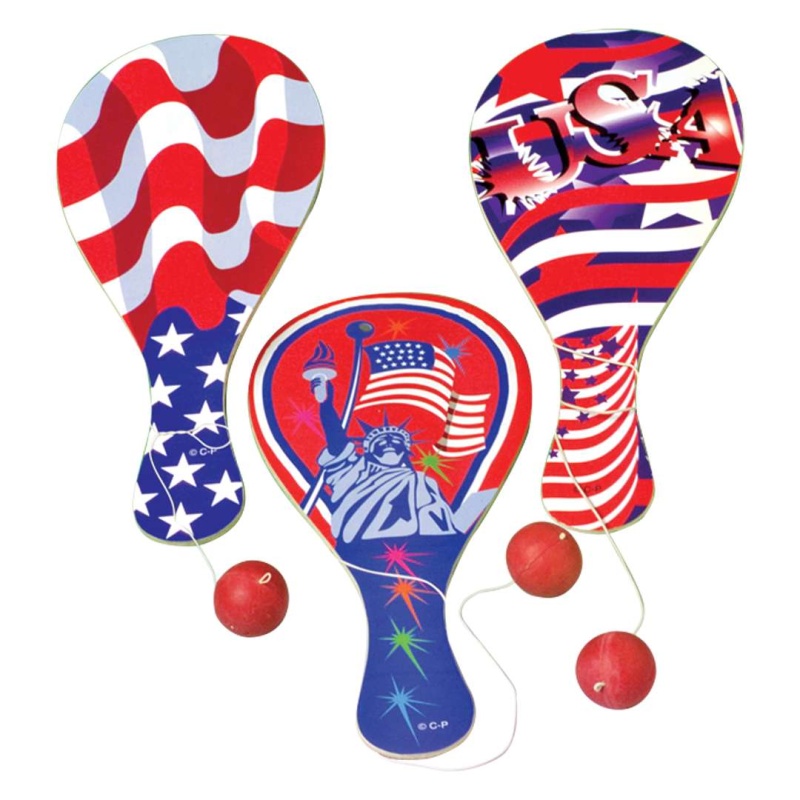 Patriotic Wooden Paddle Ball Sets - 3 Assorted Designs