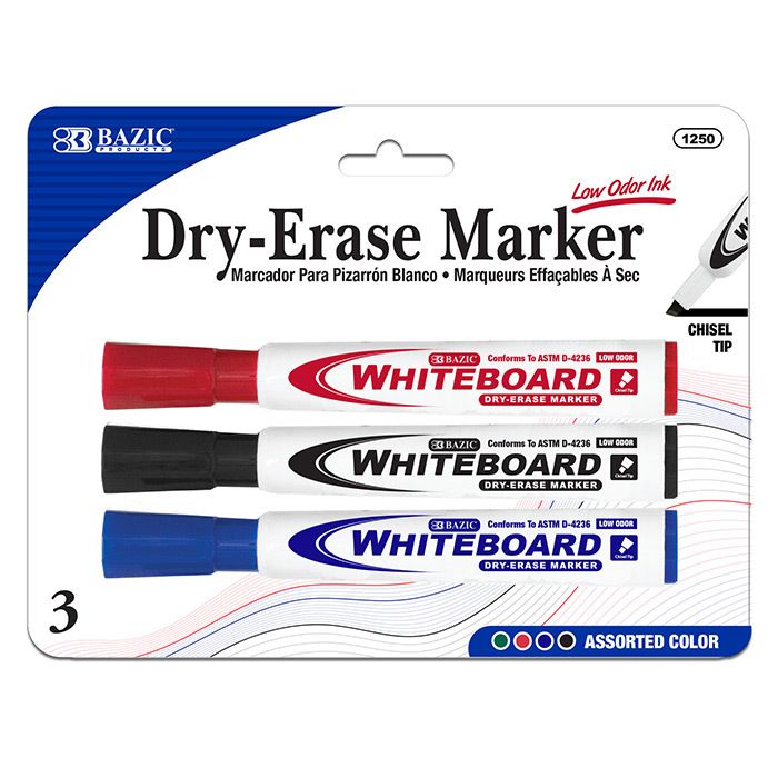 Dry-Erase Markers - 3 Colors, Chisel Tip, 3 Pack