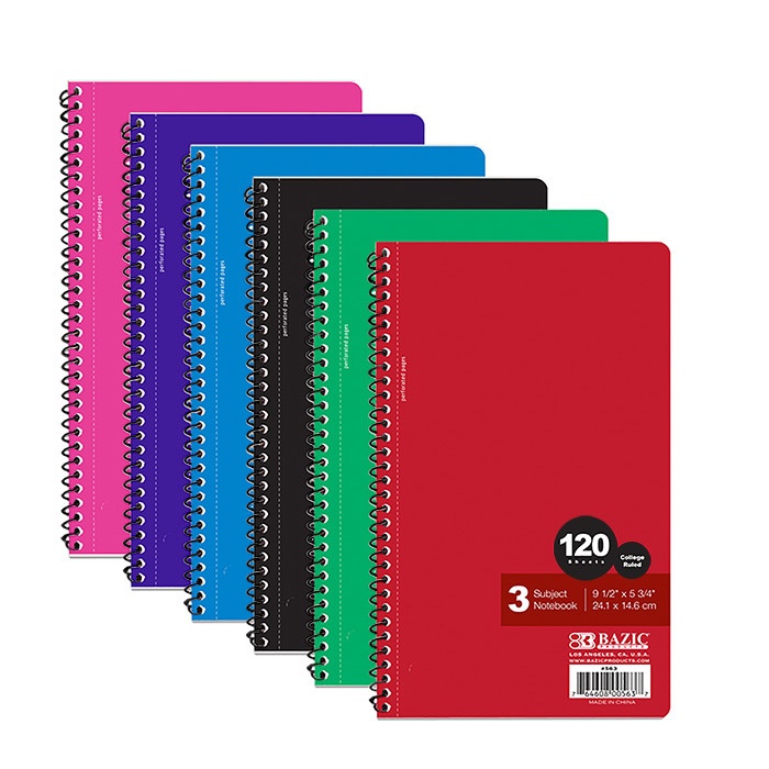3 Subject Spiral Notebooks - College Ruled,120 Sheets, Assorted Colors