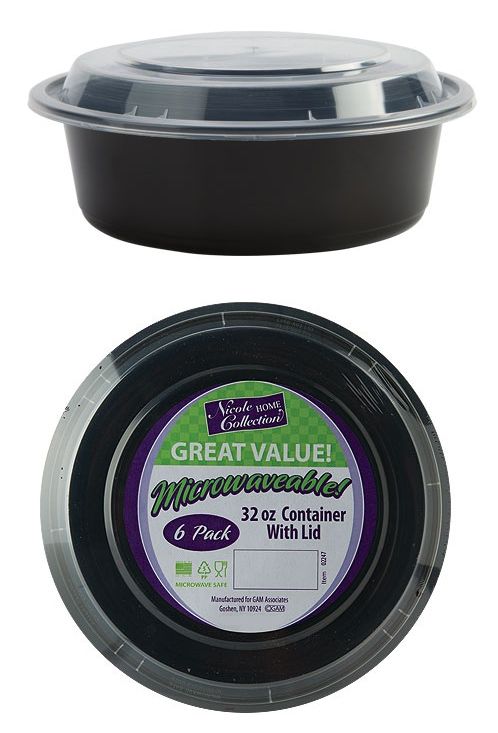 7" Round Deep Microwaveable Containers - Black - 6-Packs
