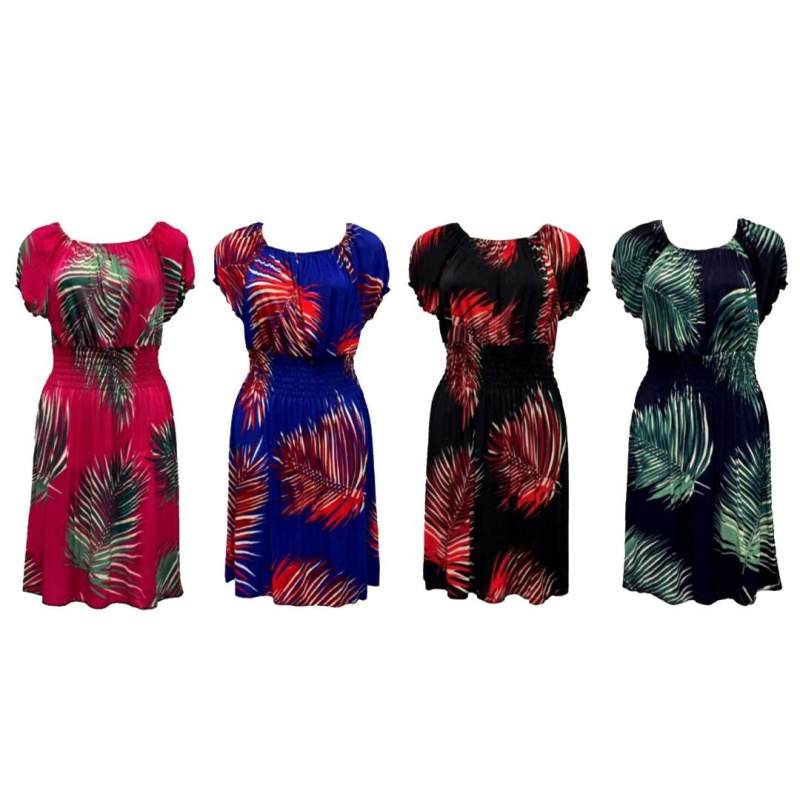 Short Sleeve Palm Print Sun Dresses - Assorted