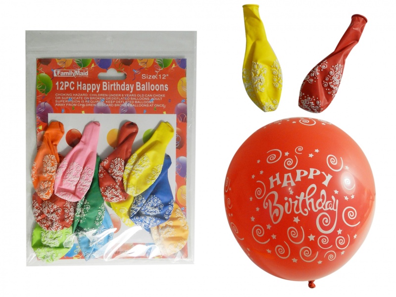 12" Happy Birthday Balloons - 12 Count - Assorted