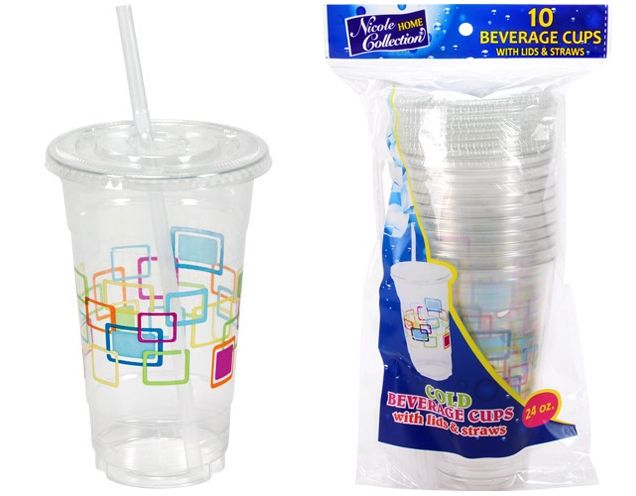 24 Oz. Clear Plastic Cups With Lids Straws - Deco - Nicole Home Collection