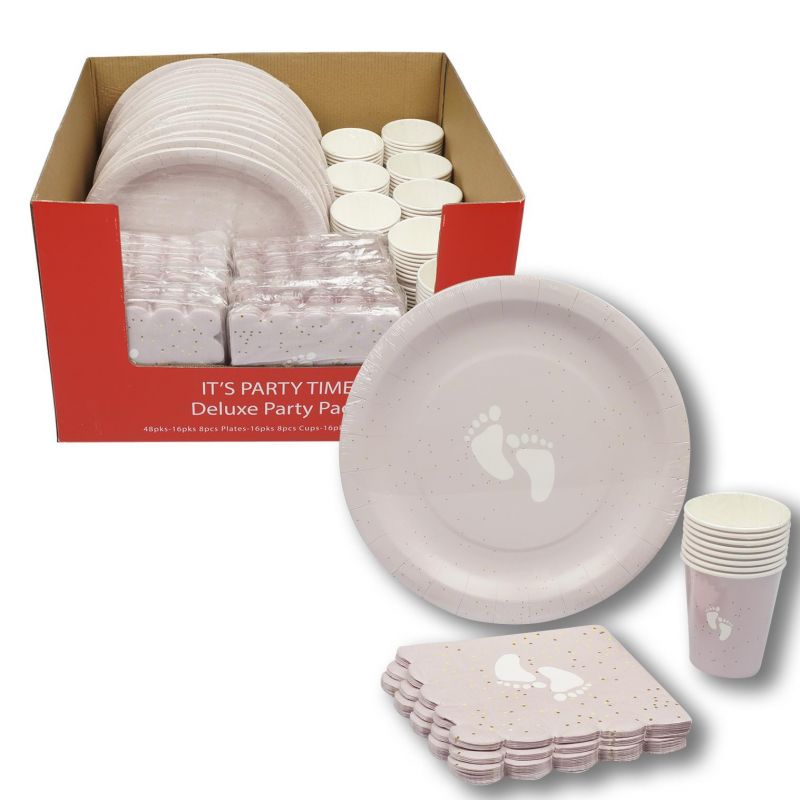 Baby Shower Party Supplies Set - Pink, Footprint Design, 8 Packs