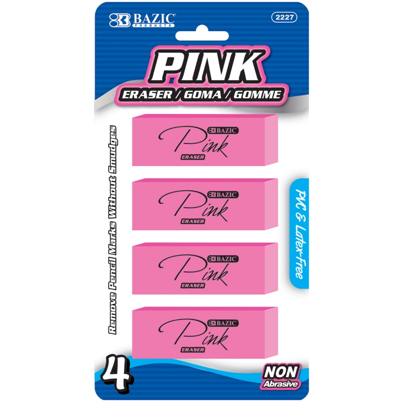 Pencil Erasers - 4 Count, Pink, Beveled Edge