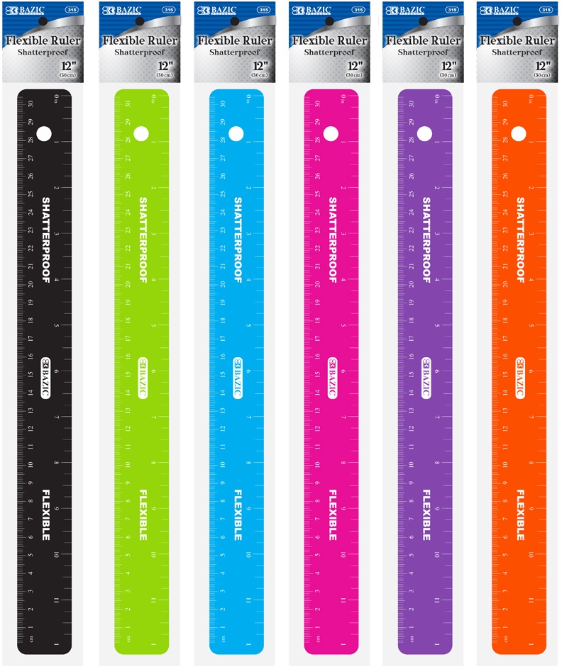 12" Flexible Rulers - Assorted Colors, Shatterproof