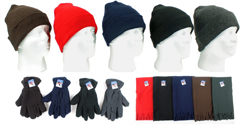 Men's Winter Knit Hats, Fleece Gloves Scarves Combo - Assorted Colors