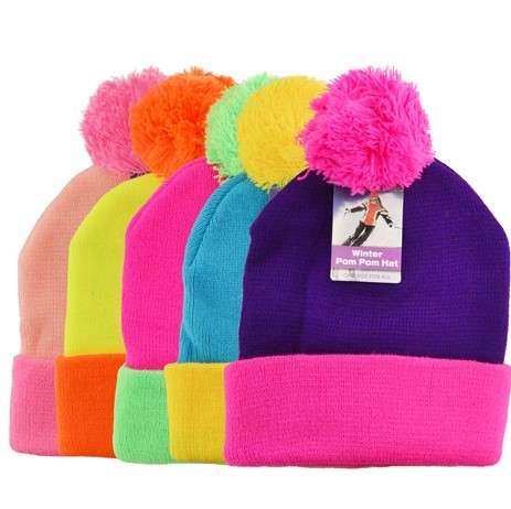 Adult Pom Beanie Hats - Neon Colors