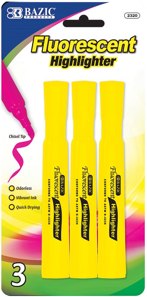 Fluorescent Highlighters - 3 Count, Yellow, Chisel Tip