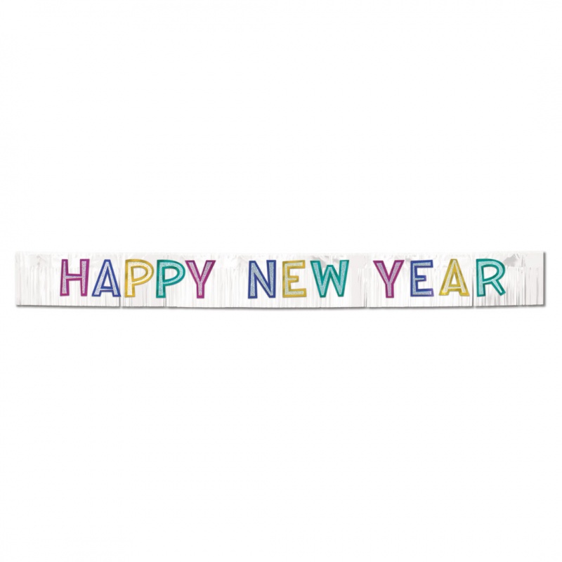 Metallic Happy New Year Banner - White With Silver Glittered Assorted Color Letters #Cm453