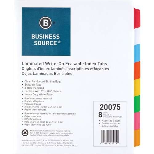 Index Dividers - 8 Color Tabs, Mylar Matte Finish, Write-On