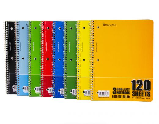 3 Subject College Ruled Spiral Notebooks - 120 Sheets, 8 Colors