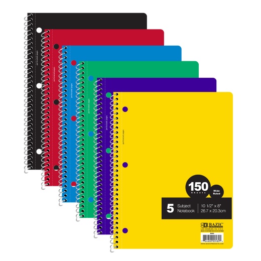 Spiral Notebooks - 150 Sheets, Wide Ruled, 5 Subject, 6 Colors