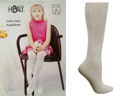 Girls' Laced Pantyhose - Large, Butterflies, White