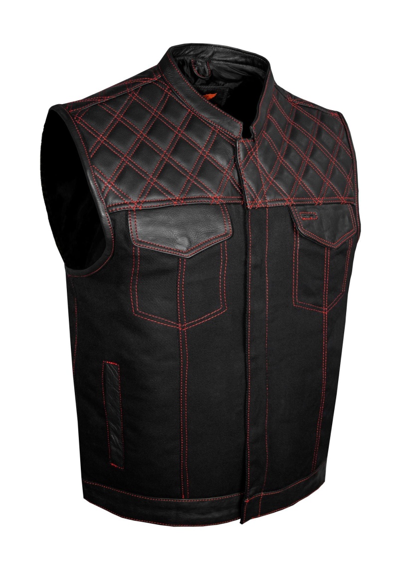 Mens Black Denim & Leather Motorcycle Club Vest Red Thread Zipper Front