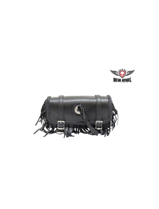 Leather Motorcycle Tool Bag With Braid, Fringes, And Concho