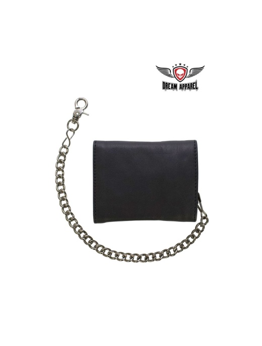 Dream Apparel Black Multi-Pocket Naked Cowhide Leather Tri-Fold Wallet With Chain
