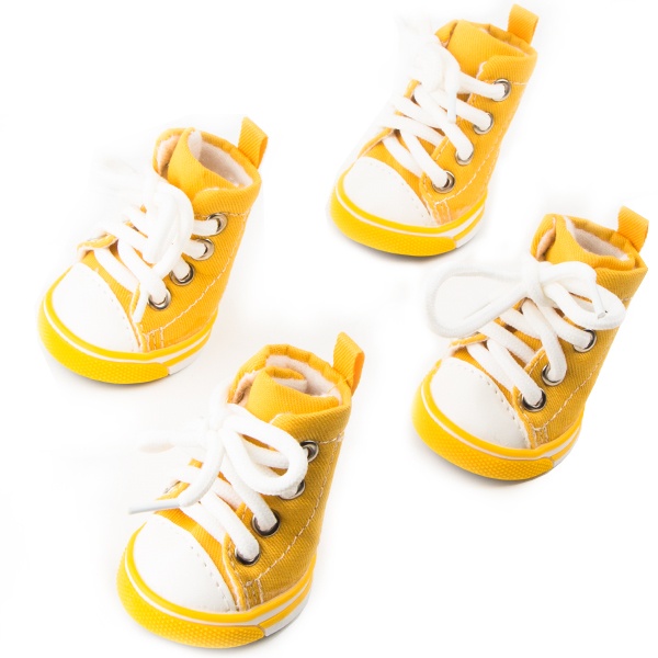 Dog Shoes, Size 4, Yellow & White With White Shoestrings