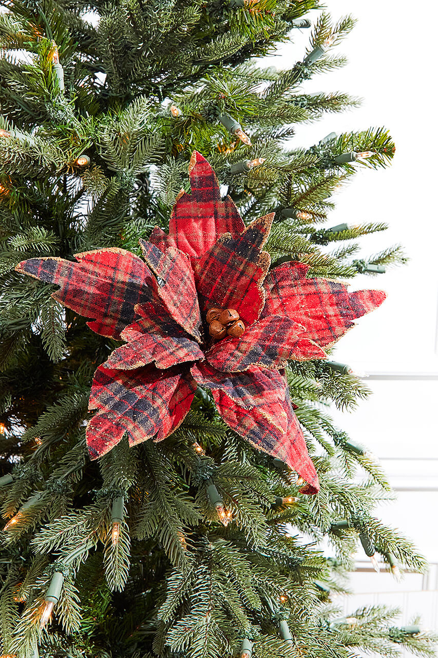 22” Red and White Plaid Poinsettia Stem with Red Berries