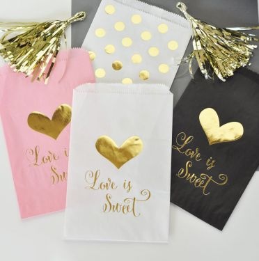 "Love Is Sweet" Gold Foil Candy Buffet Bags (Set Of 12)
