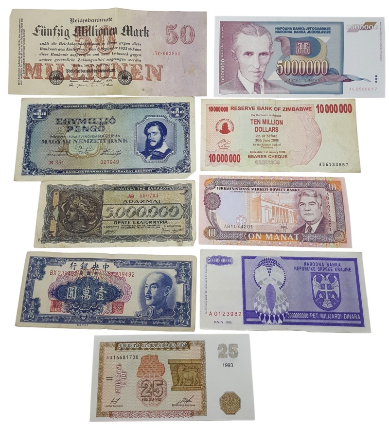 Hyperinflation: Nine Highest Countries All Time (Nine Banknotes) (Billfold)