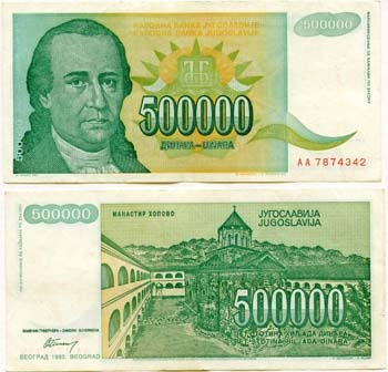 Yugoslavia P131(Vf-Xf) 500,000 Dinara