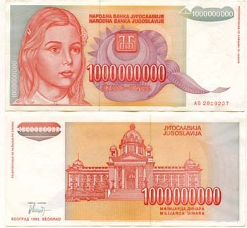 Yugoslavia P126(Vf-Xf) 1,000,000,000 Dinara