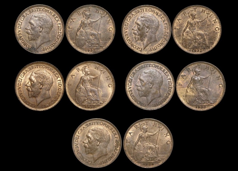 Great Britain, George V (1910-1936), Bronze Farthings (5), Unc With Some Lustre, A Few Spots, A Lot Of (5) Coins