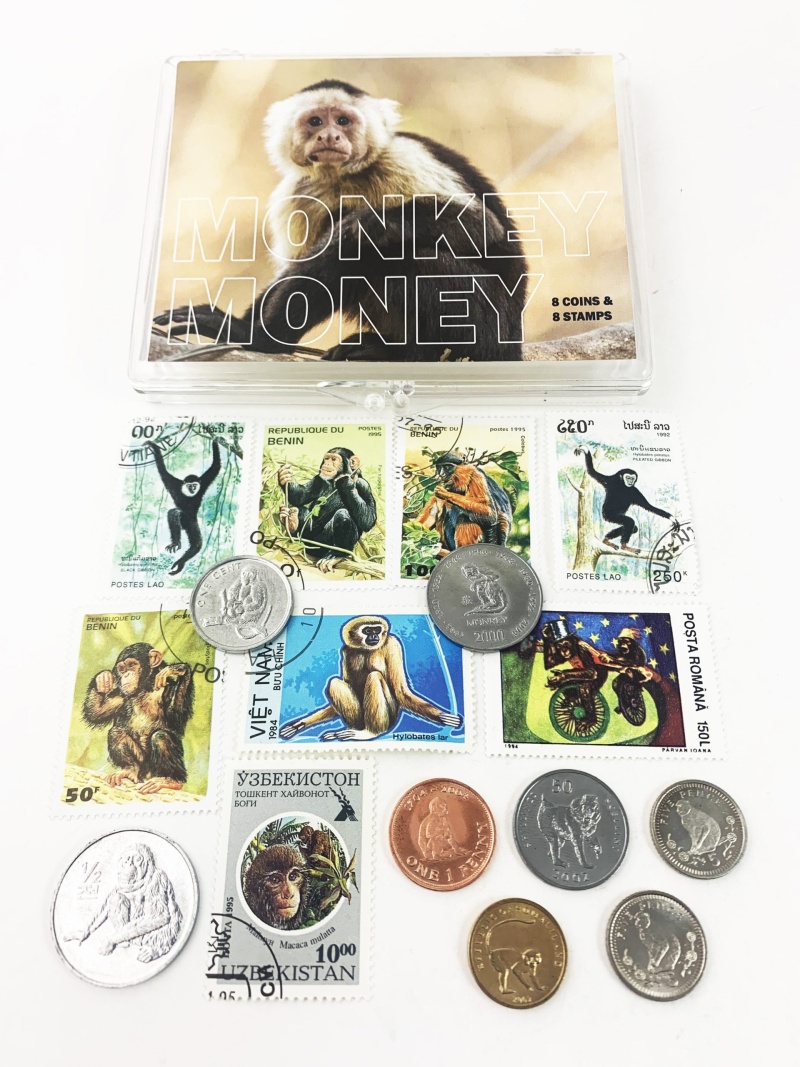 Monkey Money: 8 Coins & 8 Postage Stamps (Clear Box)