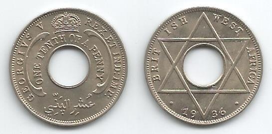 British West Africa Km7(Au-U) 1/10 Penny – 1920,1928,1936