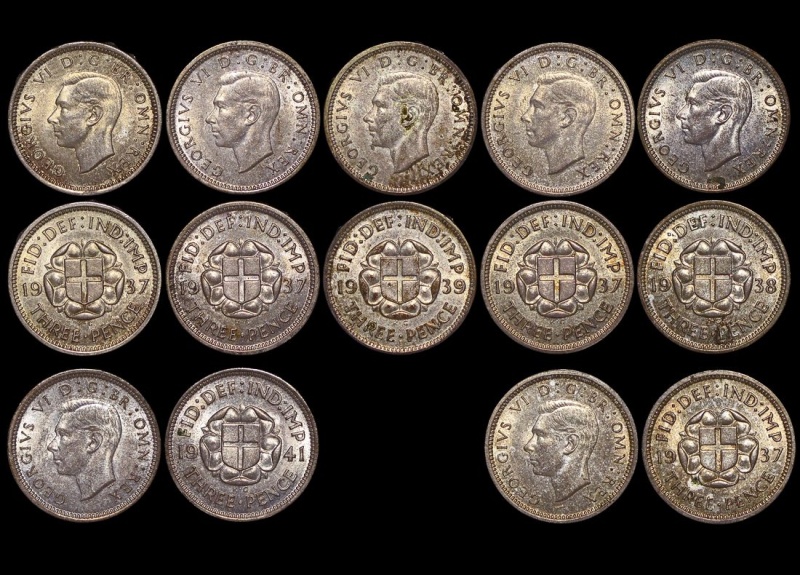 Great Britain, George Vi (1936-1952), Silver Threepences 1937(4), 1938(1), 1939(1), 1941(1) Unc, A Lot Of (7) Coins
