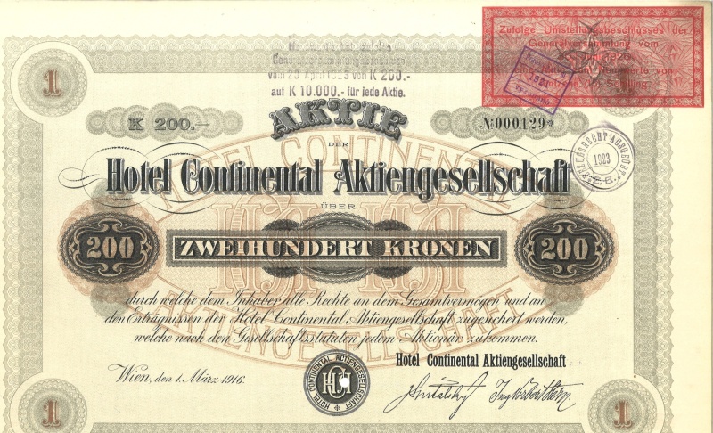 Austria Hotel Continental Vienna, Stock Certificate: 1 Share/200 Kronen (1916)