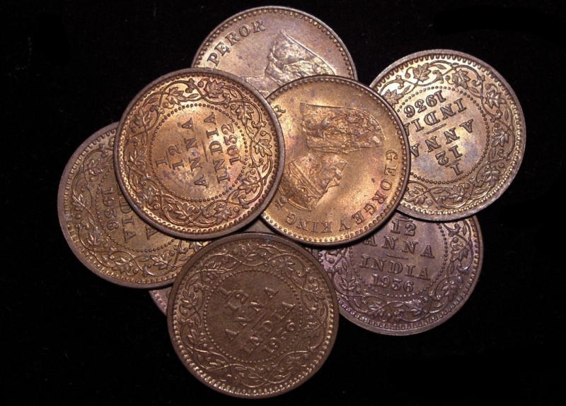 British India, George V (1910-1936), 1/12 Anna, Mixed Dates, Km# 509, Au-Unc, A Lot Of (8) Coins