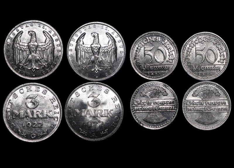 Germnay, Weimar Republic, Aluminum 3 Mark, 1922A (1), 1922G (1) Km#29, 50 Pfennig, 1921G (1), 1921F (1), Km# 27, Unc, A Lot Of (4) Coins