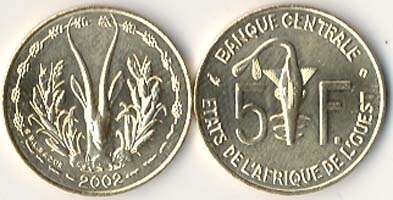 West African St. Km2a(U) 5 Francs – Ivory Coast (Hen)