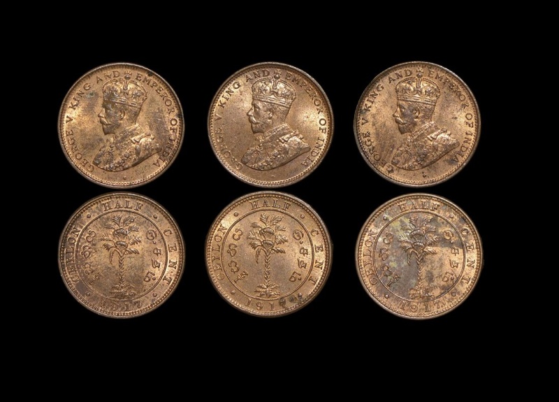 Ceylon, George V (1910-1936), Copper 1/2 Cent, 1917 (3) Km 106 (3), Unc With Lustre, A Lot Of (3) Coins